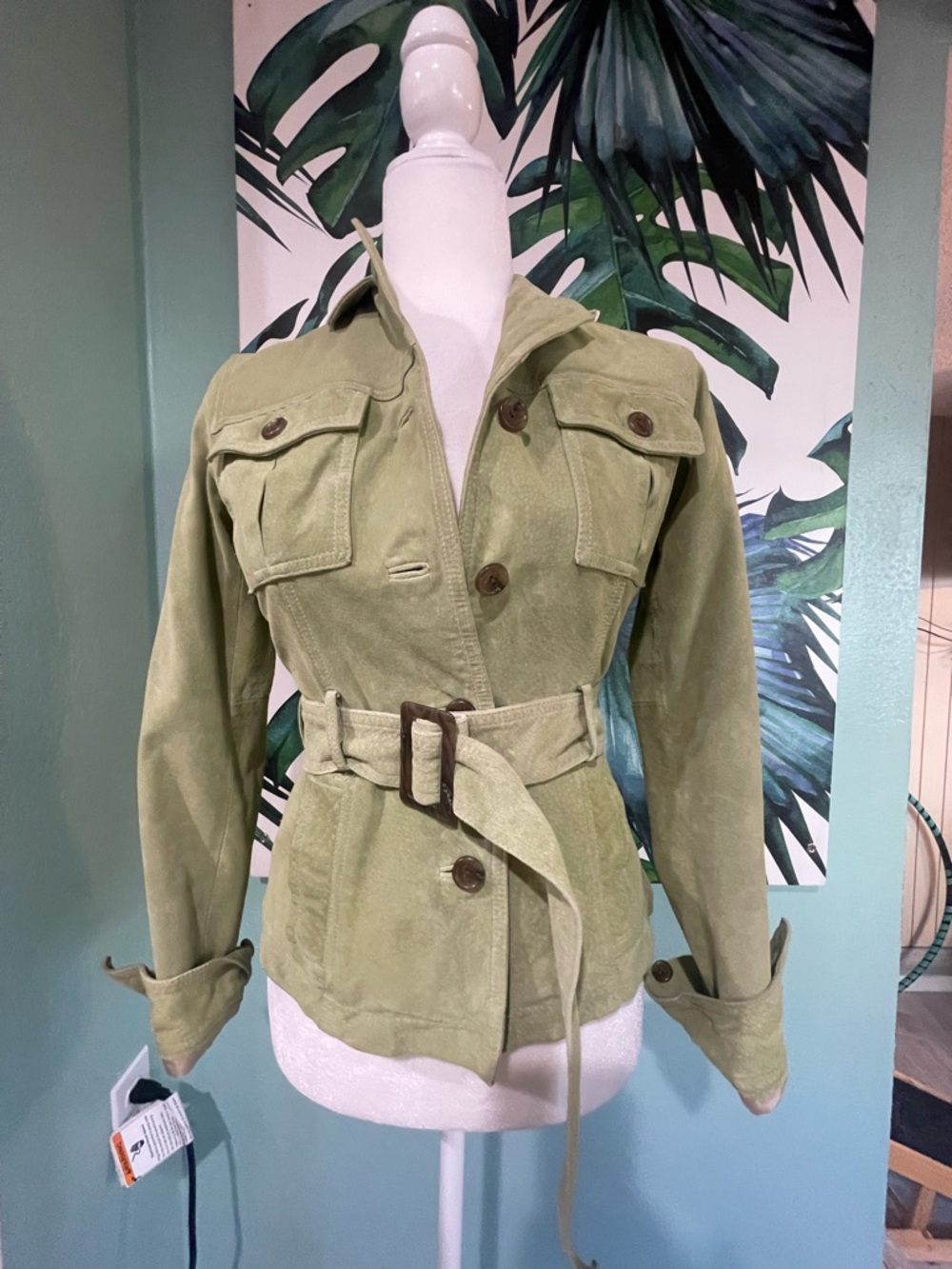 Eddie Bauer Light Green Suede Utility Jacket with Belt
